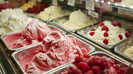 A variety of tastes of ice cream like vanilla and raspberry