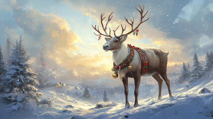 Majestic reindeer with holiday harness and bells, standing in a snowy landscape with soft evening light, symbolizing holiday spirit and wonder.