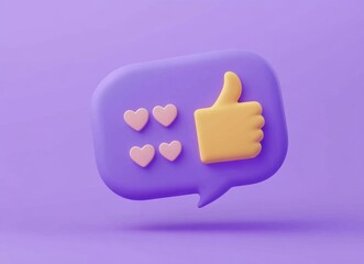 3d chat bubble and thumbs up icon in cartoon style. the concept of communication in social networks with emoticons. digital marketing. illustration isolated on purple background. 3d rendering