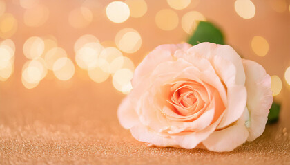 Fototapeta premium Fresh pastel orange rose on background with shimmering lights. Beautiful flower. Greeting card.