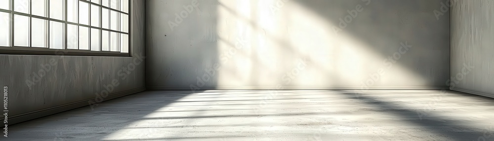Poster bright empty room with large window and soft light streaming in