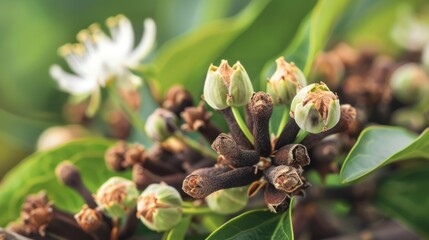 The image shows close-up clove buds on a plant, featuring green and brown cloves with surrounding glossy leaves and a blurred white flower in the background.
