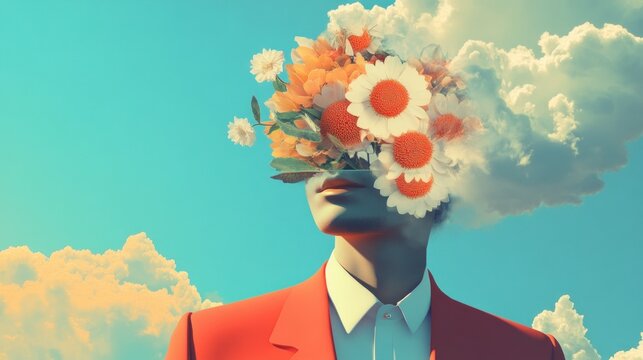 Surreal portrait, woman's face replaced with flowers and clouds against a blue sky.