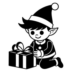 Cartoon elf wearing a Santa hat wrapping presents
