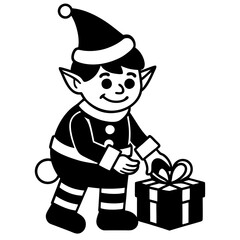 Cartoon elf wearing a Santa hat wrapping presents