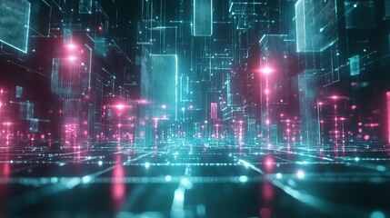 Futuristic cityscape with glowing lines and digital structures.