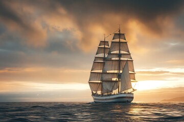 Obraz premium Majestic Tall Ship Sailing at Sunset - Space for Text