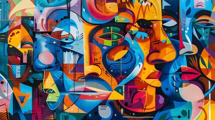 A vibrant street art mural on a city wall featuring bold colors and intricate designs that tell a story of urban culture and creativity