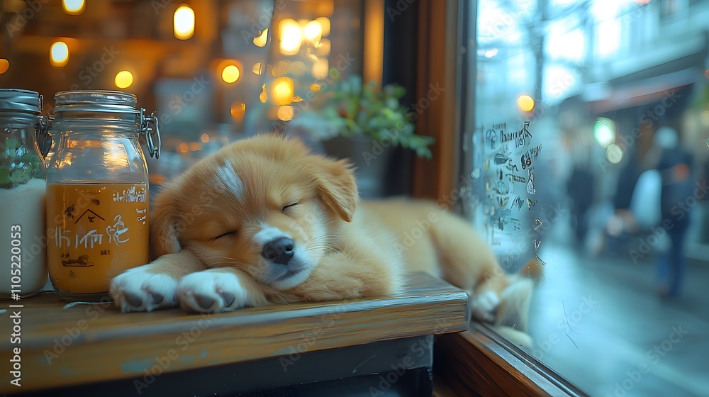 Poster A cute and cuddly puppy peacefully sleeping on a wooden shelf in the cozy display window of a charming local store surrounded by jars and bottles creating a warm and inviting atmosphere