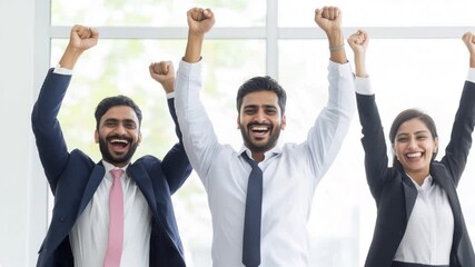 Triumphant Team: Celebrating Success. Three Indian business professionals raise their arms in jubilant celebration, radiating success and teamwork.  