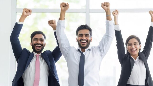 Triumphant Team: Celebrating Success. Three Indian business professionals raise their arms in jubilant celebration, radiating success and teamwork.  