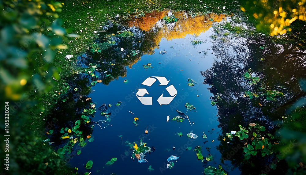 Poster abstract icon representing the ecological call to recycle and reuse in the form of a pond