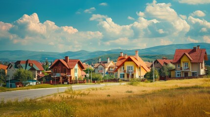 A perfect neighbourhood, houses in suburb at summer, luxury houses with nice landscape.