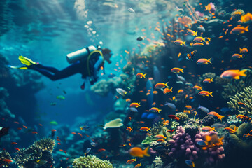 Naklejka premium Beautiful diver goes on an underwater adventure in frighteningly deep sea