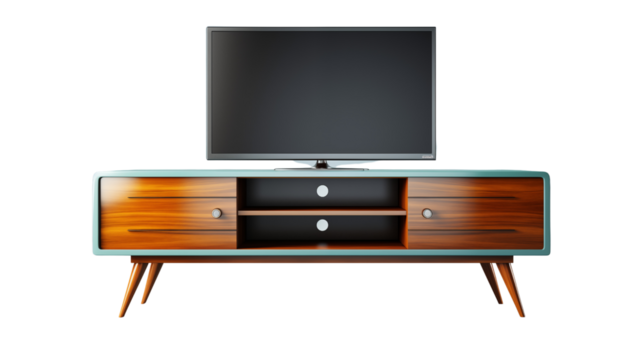 Mid-century modern wooden TV stand, blending function and style to create a chic living space with its retro aesthetic, isolated on transparent background.