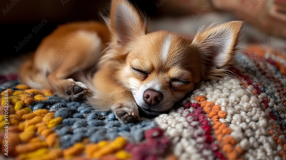 Poster adorable dog curled up and napping peacefully on a cozy patterned blanket in a comfortable home envi