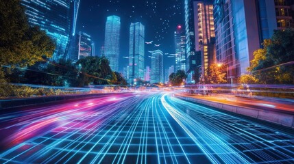 Fototapeta premium High-tech urban center in 2025, skyscrapers with glowing neon lines, flying cars leaving light trails, a glowing grid-like pavement, futuristic ambiance 