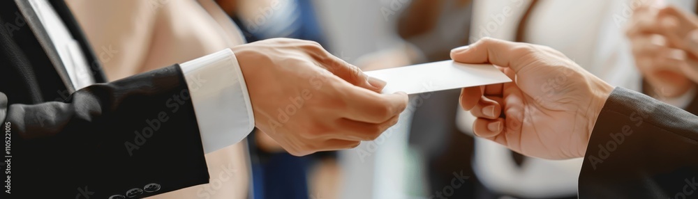 Poster a business networking scene where one person hands over a business card to another, symbolizing prof