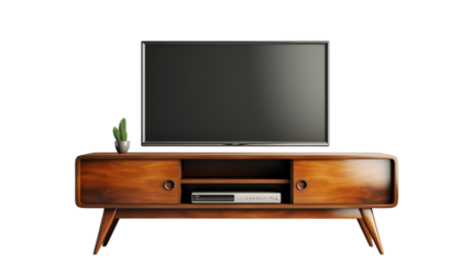 A retro-inspired mid-century modern wooden TV stand, ideal for stylish home setups and enhancing any living room or lounge, isolated on transparent background.