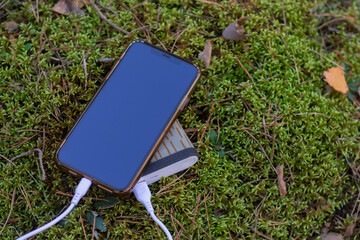 A portable charger charges the smartphone. Power Bank with cable in the forest.