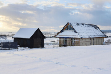 NOWY TARG, POLAND - NOVEMBER 21, 2024: New highland houses are built to be rented at very high prices to tourists coming on holiday.
