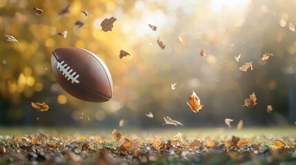 Autumn football with leaves falling in a sunny setting