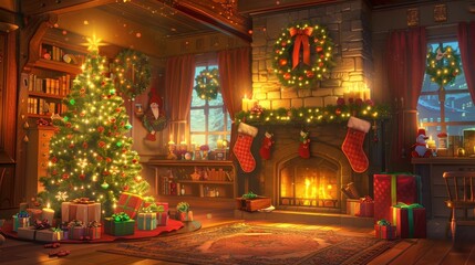 A cozy, festive room decorated for Christmas, featuring a beautifully lit tree, stockings by the fireplace, and holiday gifts under the tree.