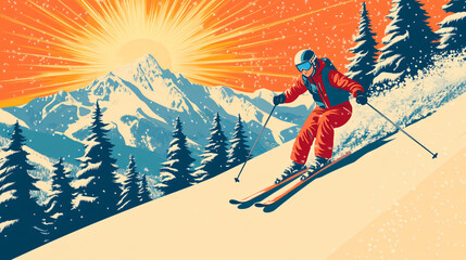 A retro-style illustration of a skier going down a snowy mountain slope with snow-covered pines and a bright winter sun above.