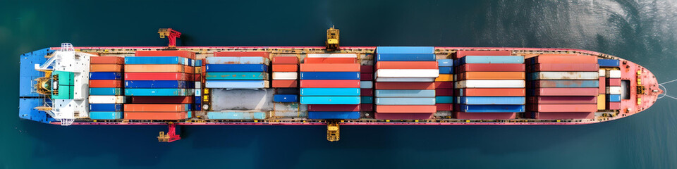 Aerial View of Cargo Ship with Containers
Top-down view of a large cargo ship loaded with colorful shipping containers, floating in calm blue water.
