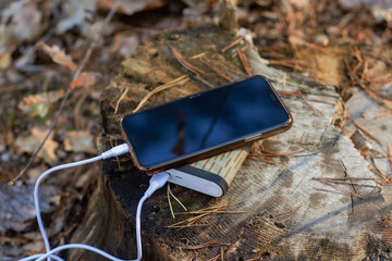 A portable charger charges the smartphone. Power Bank with cable in the forest.