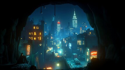 Obraz premium A cinematic high-definition view from a dark cave, with a vibrant city skyline at night in the distance.