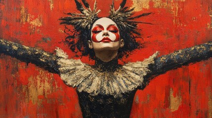 A striking performer with dramatic makeup and elaborate costume, showcasing art and expression against a bold red backdrop.