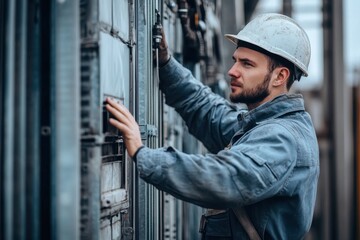 Male engineer repairman in work uniform opening air conditioner panel inspecting condition of AC system after installing
