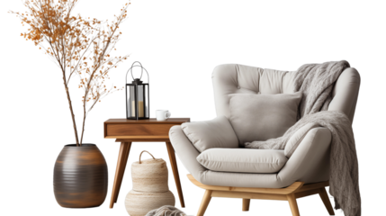 Vintage gray armchair with a white cushion and blanket in a modern minimalist setting. A perfect blend of comfort and style, isolated on transparent background.