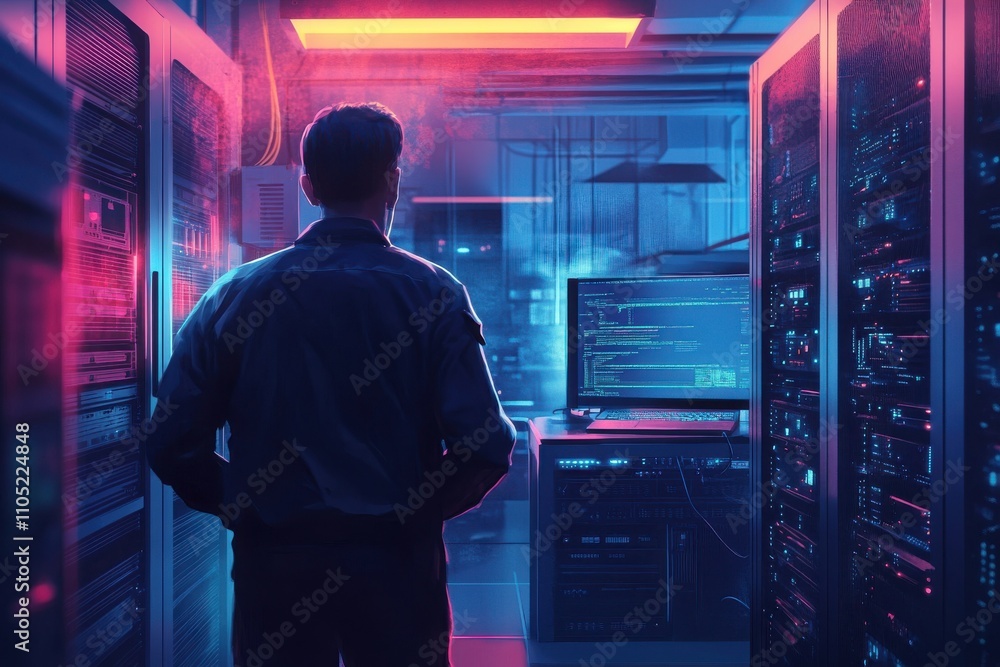 Aufkleber man technician and server room with laptop screen for network repair or hardware fault at data cente