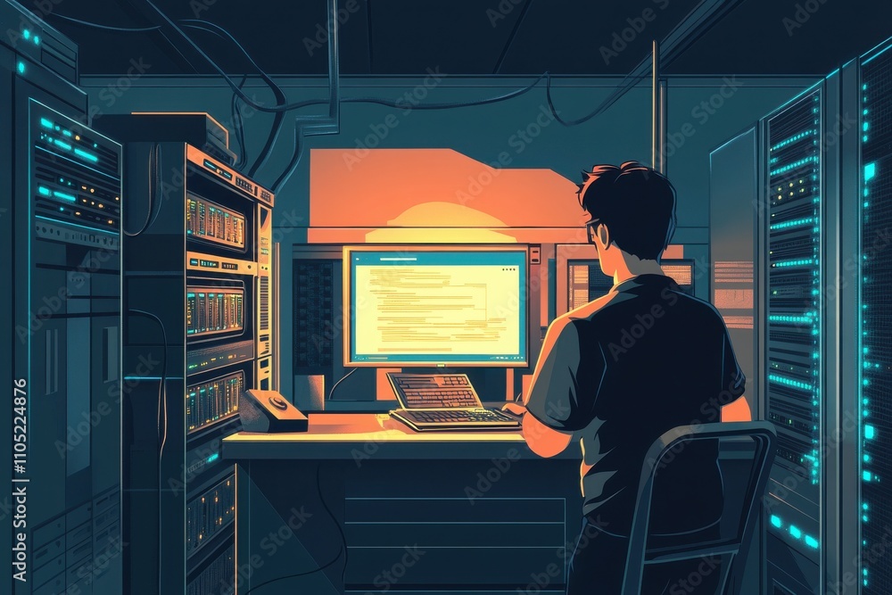 Aufkleber man technician and server room with laptop screen for network repair or hardware fault at data cente