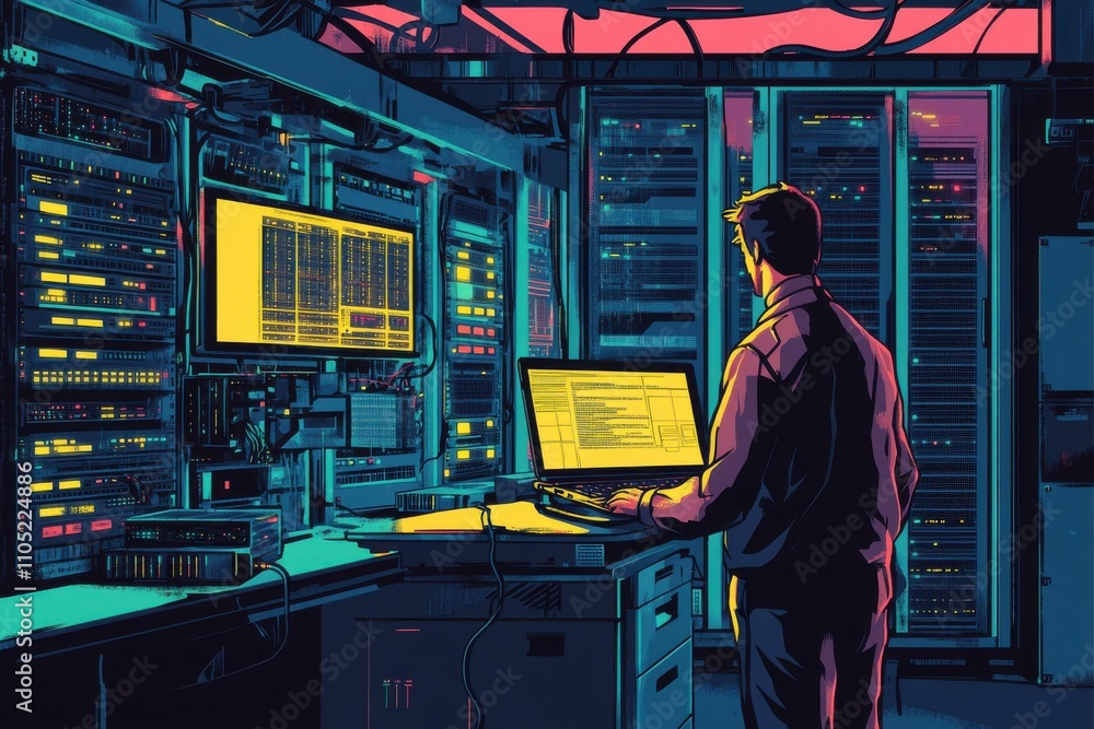Poster man technician and server room with laptop screen for network repair or hardware fault at data cente