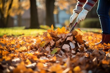 Obraz premium Gardener raking golden autumn leaves in a city park