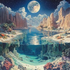 A stunning underwater landscape featuring vibrant coral reefs and a serene moonlit sky above, offering a glimpse into nature's beauty.