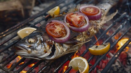 A whole fish cooked on a barbecue fire with onions and tomatoes and lemon slices