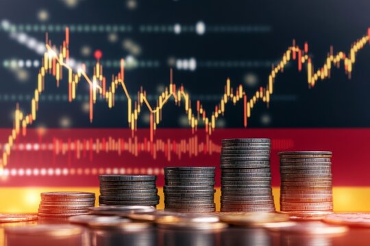 german economy and finance . with coins and digital trading platform, economic growth, stock market chart, investment trends global challenges and opportunities.