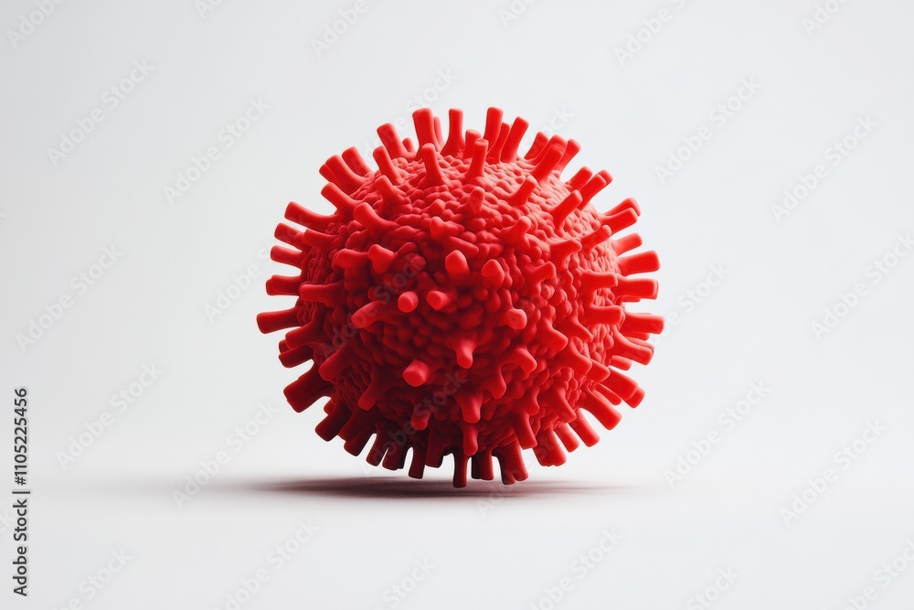 Poster microscopic virus particle 3d render spherical shape red color protruding spikes detailed surface te