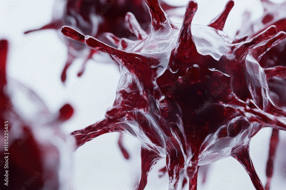 Poster microscopic virus particle 3d render spherical shape red color protruding spikes detailed surface te