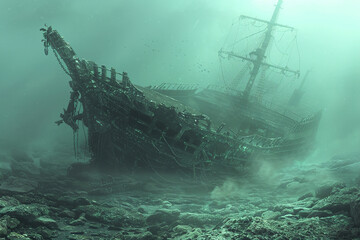 Naklejka premium Underwater view of an sunken ship on seabed with fish swimming around