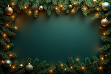 A festive Christmas background with a deep green backdrop adorned with a branch of pine needles, colorful ornaments, and twinkling fairy lights.