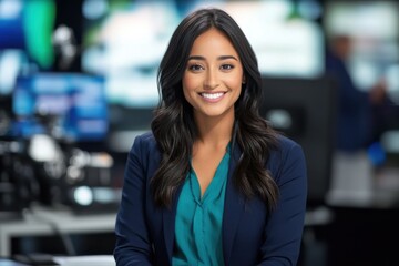 Naklejka premium News anchor professional woman dark hair confident smile navy blue blazer teal blouse television studio