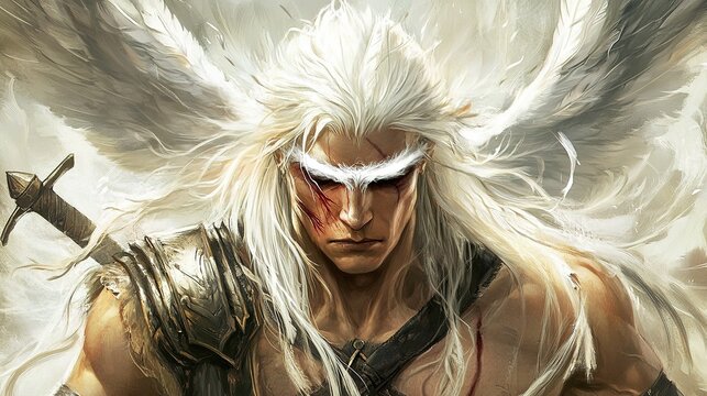 The Unyielding Spirit: A Blind Warrior Adorned with a White Feathered Crown, Embracing Inner Strength and Valor