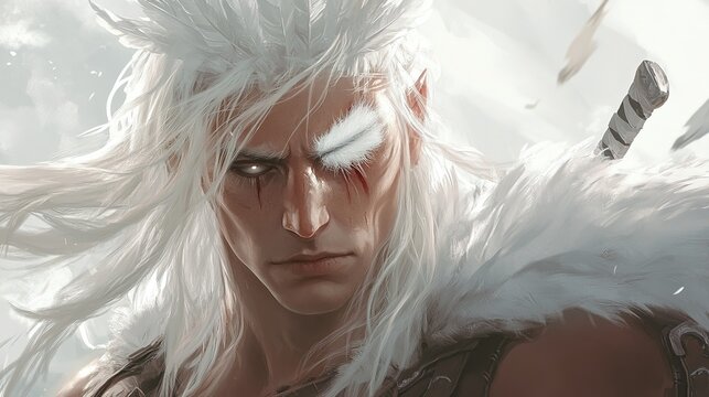 The Unyielding Spirit: A Blind Warrior Adorned with a White Feathered Crown, Embracing Inner Strength and Valor