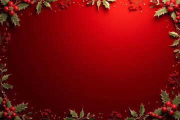 A festive Christmas frame with holly leaves and red berries on a vibrant red background.