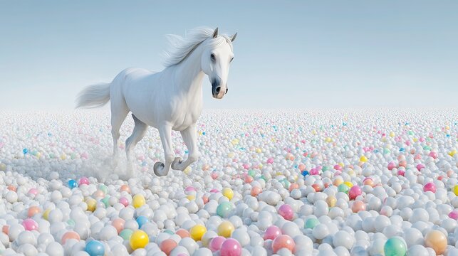 Whimsical Escape: A White Horse Galloping Freely in a Surreal White Swamp, Littered with Vivid Colorful Lollipops